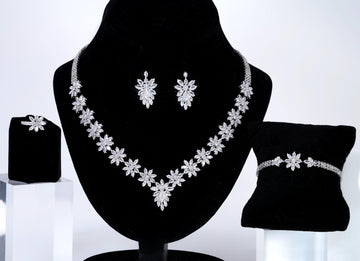 CZ Diamond Snowflower Elegance Jewelry Set, Long Bridal Earrings, Bracelet, Ring And Necklace, Statement Earrings Cz Necklace Set.